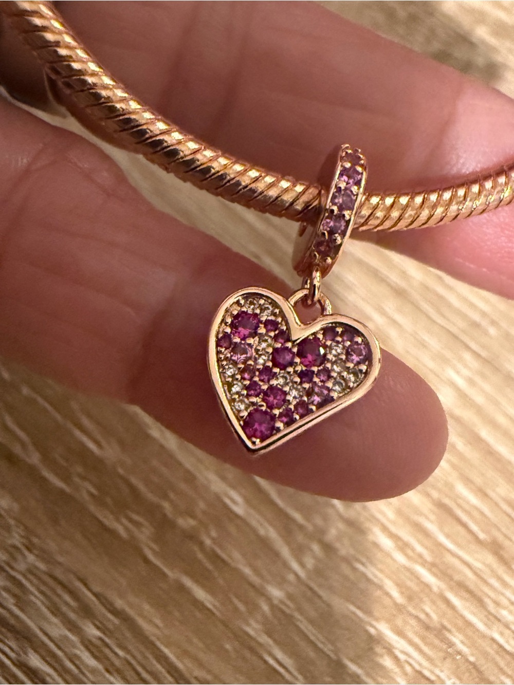 Rose Gold Heart Charm Bracelet Pendant with Pink Stones